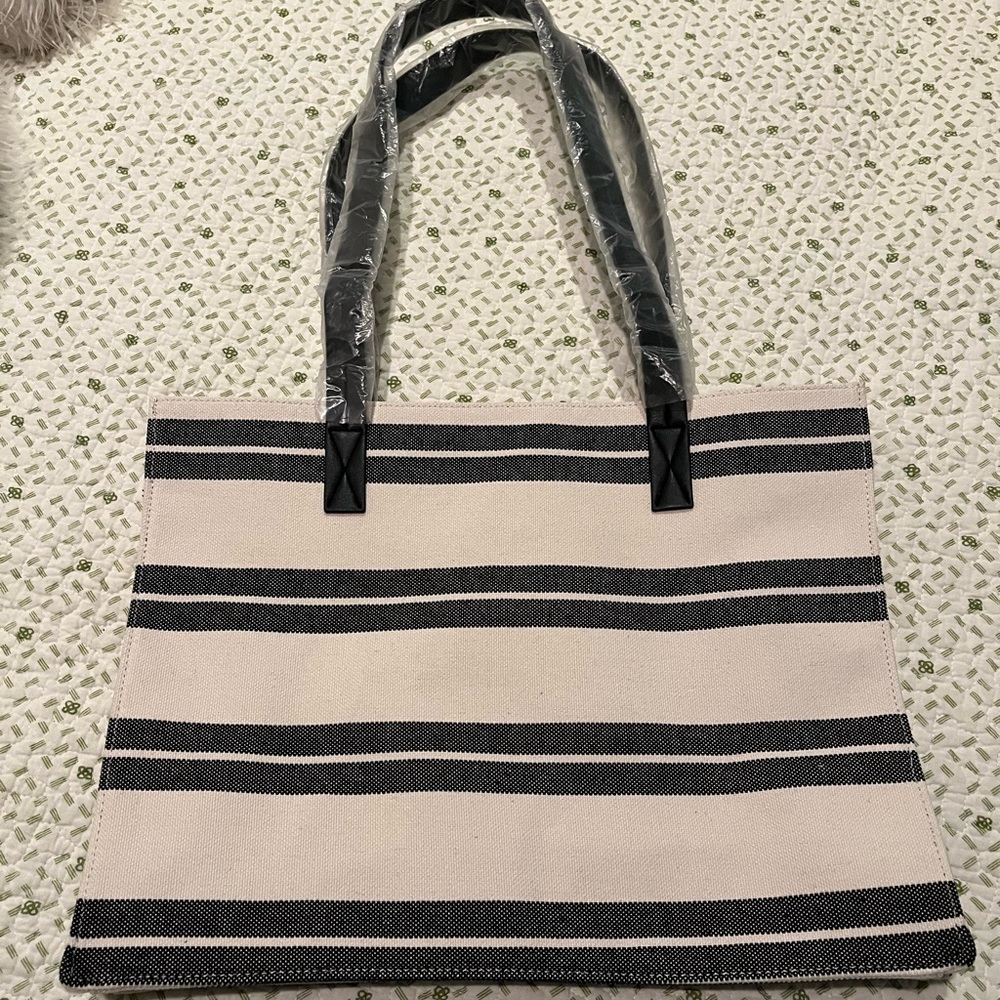 Striped Black and Cream Canvas Tote Bag